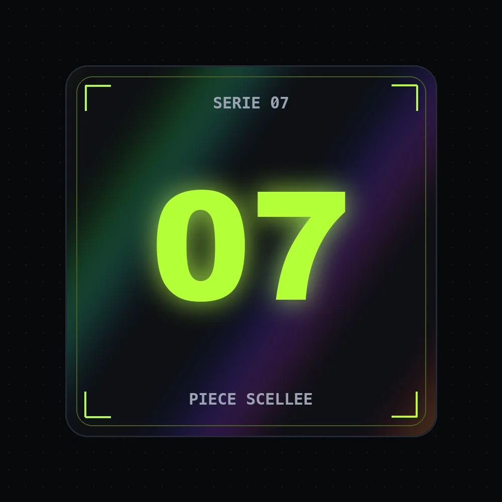 Dos de carte SÉRIE 07 : pièce scellée, sceau holographique et chiffre 07 en néon vert sur fond noir.